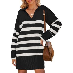 imageZESICA Womens Striped Sweater Dress Spring Long Sleeve V Neck Collar Loose Knit Mini DressesBlack
