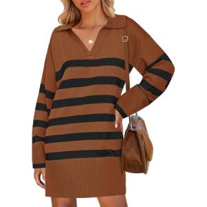 imageZESICA Womens Striped Sweater Dress Spring Long Sleeve V Neck Collar Loose Knit Mini DressesCaramel