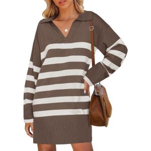 imageZESICA Womens Striped Sweater Dress Spring Long Sleeve V Neck Collar Loose Knit Mini DressesMocha