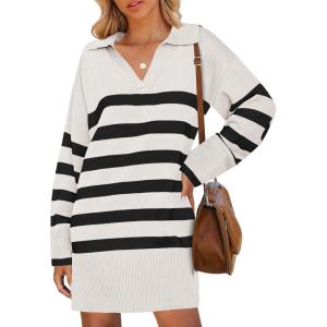 imageZESICA Womens Striped Sweater Dress Spring Long Sleeve V Neck Collar Loose Knit Mini DressesWhite