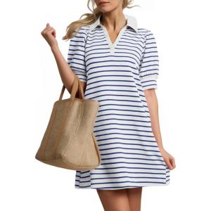 imageZESICA Womens Summer Casual Striped Mini Dresses 2025 Lapel V Neck Short Sleeve Flowy A Line T Shirt DressBlue