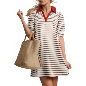 imageZESICA Womens Summer Casual Striped Mini Dresses 2025 Lapel V Neck Short Sleeve Flowy A Line T Shirt DressKhaki