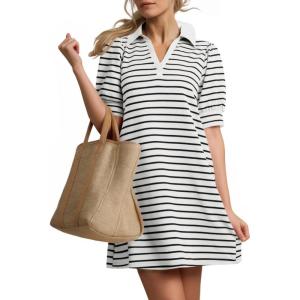 imageZESICA Womens Summer Casual Striped Mini Dresses 2025 Lapel V Neck Short Sleeve Flowy A Line T Shirt DressWhite