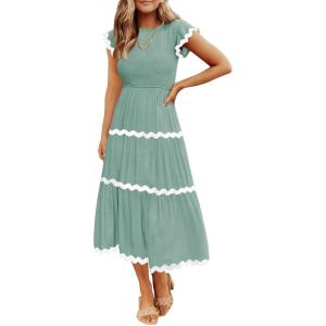 imageZESICA Womens Summer Flutter Short Sleeve Smocked Midi Dress Casual High Waist Rickrack Tiered Flowy DressesTurquoise
