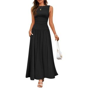 imageZESICA Womens Summer Sleeveless Maxi Dress 2025 Casual Crewneck Pleated Flowy Long Dress with PocketsBlack