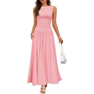 imageZESICA Womens Summer Sleeveless Maxi Dress 2025 Casual Crewneck Pleated Flowy Long Dress with PocketsPink