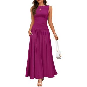 imageZESICA Womens Summer Sleeveless Maxi Dress 2025 Casual Crewneck Pleated Flowy Long Dress with PocketsPlum