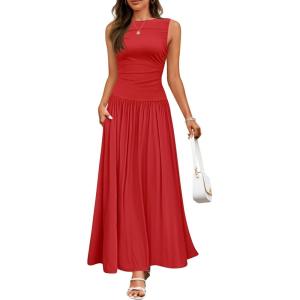 imageZESICA Womens Summer Sleeveless Maxi Dress 2025 Casual Crewneck Pleated Flowy Long Dress with PocketsRed