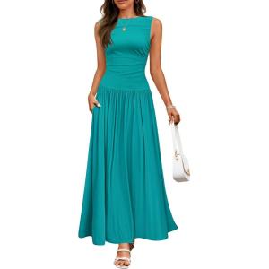imageZESICA Womens Summer Sleeveless Maxi Dress 2025 Casual Crewneck Pleated Flowy Long Dress with PocketsTurquoise