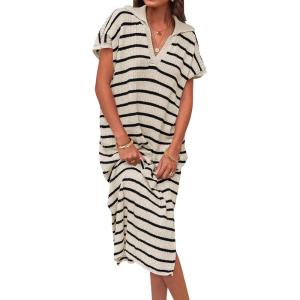 imageZESICA Womens Summer Striped Midi Dress 2025 Casual Short Sleeve V Neck Loose Knitted Side Slit Long Sweater DressesApricot