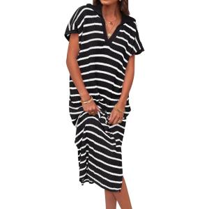 imageZESICA Womens Summer Striped Midi Dress 2025 Casual Short Sleeve V Neck Loose Knitted Side Slit Long Sweater DressesBlack