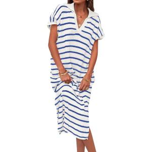 imageZESICA Womens Summer Striped Midi Dress 2025 Casual Short Sleeve V Neck Loose Knitted Side Slit Long Sweater DressesBlue