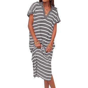 imageZESICA Womens Summer Striped Midi Dress 2025 Casual Short Sleeve V Neck Loose Knitted Side Slit Long Sweater DressesGray