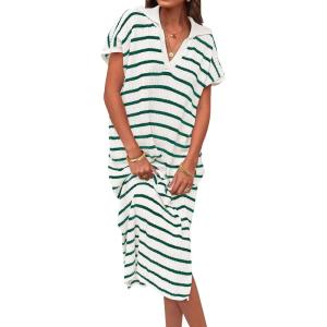 imageZESICA Womens Summer Striped Midi Dress 2025 Casual Short Sleeve V Neck Loose Knitted Side Slit Long Sweater DressesGreen