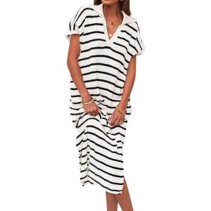 imageZESICA Womens Summer Striped Midi Dress 2025 Casual Short Sleeve V Neck Loose Knitted Side Slit Long Sweater DressesIvory
