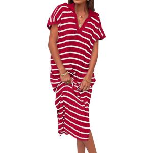imageZESICA Womens Summer Striped Midi Dress 2025 Casual Short Sleeve V Neck Loose Knitted Side Slit Long Sweater DressesRed