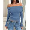 imageZESICA Long Sleeve Shirts for Womens Ribbed Knit Off Shoulder Slim Fit Going Out Tops Outfits 2025 Trendy Fashion ClothesDustyblue