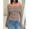 imageZESICA Long Sleeve Shirts for Womens Ribbed Knit Off Shoulder Slim Fit Going Out Tops Outfits 2025 Trendy Fashion ClothesOatmeal