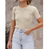 imageZESICA Womens Short Sleeve Crewneck T Shirt Summer Ribbed Knit Slim Fit Basic Solid Color Tee TopsAlmond