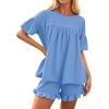 imageZESICA Womens Summer 2 Piece Outfits 2025 Ruffle Short Sleeve Tops and Shorts Casual Loose Oversized TShirts Lounge SetsBlue