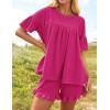 imageZESICA Womens Summer 2 Piece Outfits 2025 Ruffle Short Sleeve Tops and Shorts Casual Loose Oversized TShirts Lounge SetsRose