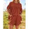 imageZESICA Womens Summer 2 Piece Outfits 2025 Ruffle Short Sleeve Tops and Shorts Casual Loose Oversized TShirts Lounge SetsRust