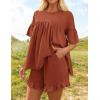 imageZESICA Womens Summer 2 Piece Outfits 2025 Ruffle Short Sleeve Tops and Shorts Casual Loose Oversized TShirts Lounge SetsRust