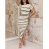 imageZESICA Womens Summer Bodycon Midi Dress Striped Short Sleeve Ribbed Knit Slim Fit Side Slit Vacation Long DressesApricot