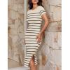imageZESICA Womens Summer Bodycon Midi Dress Striped Short Sleeve Ribbed Knit Slim Fit Side Slit Vacation Long DressesApricot