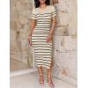 imageZESICA Womens Summer Bodycon Midi Dress Striped Short Sleeve Ribbed Knit Slim Fit Side Slit Vacation Long DressesApricot
