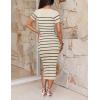 imageZESICA Womens Summer Bodycon Midi Dress Striped Short Sleeve Ribbed Knit Slim Fit Side Slit Vacation Long DressesApricot
