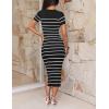 imageZESICA Womens Summer Bodycon Midi Dress Striped Short Sleeve Ribbed Knit Slim Fit Side Slit Vacation Long DressesBlack