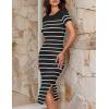 imageZESICA Womens Summer Bodycon Midi Dress Striped Short Sleeve Ribbed Knit Slim Fit Side Slit Vacation Long DressesBlack