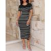 imageZESICA Womens Summer Bodycon Midi Dress Striped Short Sleeve Ribbed Knit Slim Fit Side Slit Vacation Long DressesBlack