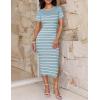 imageZESICA Womens Summer Bodycon Midi Dress Striped Short Sleeve Ribbed Knit Slim Fit Side Slit Vacation Long DressesLight Blue