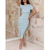 imageZESICA Womens Summer Bodycon Midi Dress Striped Short Sleeve Ribbed Knit Slim Fit Side Slit Vacation Long DressesLight Blue