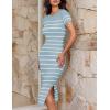 imageZESICA Womens Summer Bodycon Midi Dress Striped Short Sleeve Ribbed Knit Slim Fit Side Slit Vacation Long DressesLight Blue