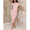 imageZESICA Womens Summer Bodycon Midi Dress Striped Short Sleeve Ribbed Knit Slim Fit Side Slit Vacation Long DressesPink