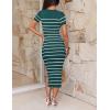 imageZESICA Womens Summer Bodycon Midi Dress Striped Short Sleeve Ribbed Knit Slim Fit Side Slit Vacation Long DressesTeal