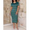 imageZESICA Womens Summer Bodycon Midi Dress Striped Short Sleeve Ribbed Knit Slim Fit Side Slit Vacation Long DressesTeal
