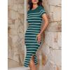 imageZESICA Womens Summer Bodycon Midi Dress Striped Short Sleeve Ribbed Knit Slim Fit Side Slit Vacation Long DressesTeal