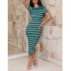 imageZESICA Womens Summer Bodycon Midi Dress Striped Short Sleeve Ribbed Knit Slim Fit Side Slit Vacation Long DressesTeal