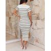 imageZESICA Womens Summer Bodycon Midi Dress Striped Short Sleeve Ribbed Knit Slim Fit Side Slit Vacation Long DressesWhite
