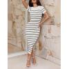 imageZESICA Womens Summer Bodycon Midi Dress Striped Short Sleeve Ribbed Knit Slim Fit Side Slit Vacation Long DressesWhite
