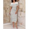 imageZESICA Womens Summer Bodycon Midi Dress Striped Short Sleeve Ribbed Knit Slim Fit Side Slit Vacation Long DressesWhite