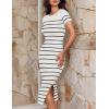 imageZESICA Womens Summer Bodycon Midi Dress Striped Short Sleeve Ribbed Knit Slim Fit Side Slit Vacation Long DressesWhite
