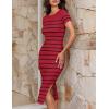 imageZESICA Womens Summer Bodycon Midi Dress Striped Short Sleeve Ribbed Knit Slim Fit Side Slit Vacation Long DressesWine