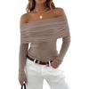 imageZESICA Long Sleeve Shirts for Womens Ribbed Knit Off Shoulder Slim Fit Going Out Tops Outfits 2025 Trendy Fashion ClothesOatmeal