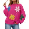 imageZESICA Womens Long Puff Sleeve Sweaters Casual Crewneck Ribbed Knit Flower Color Block Loose Pullover TopsRose