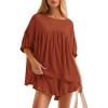 imageZESICA Womens Summer 2 Piece Outfits 2025 Ruffle Short Sleeve Tops and Shorts Casual Loose Oversized TShirts Lounge SetsRust